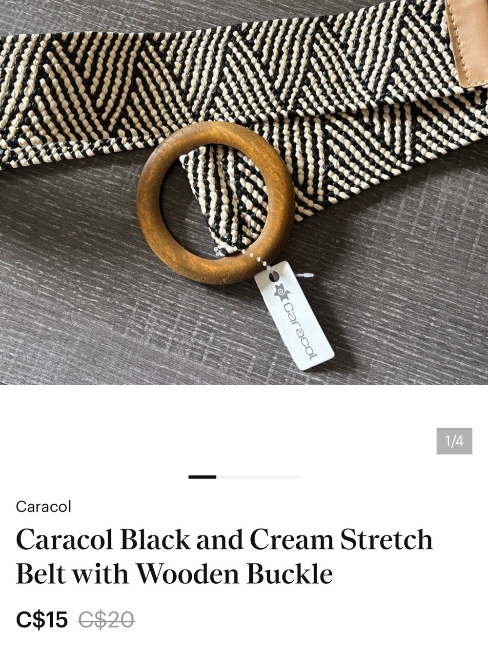 Black & Cream Elongated Stretch Belt with Wooden Ring Buckle